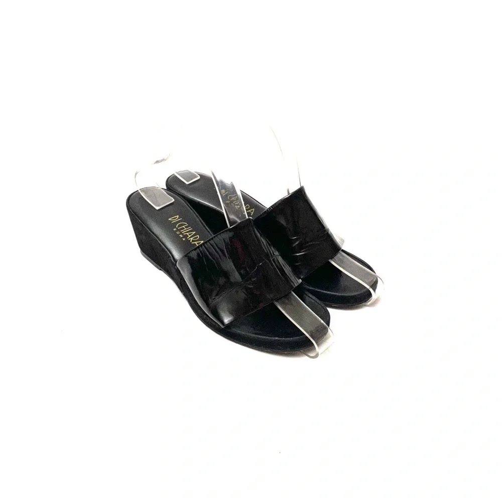 Vintage 1970s black leather suede wedge sandals